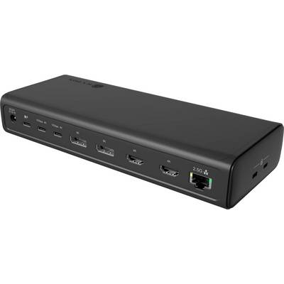 Črna priključna postaja z več vrati USB in HDMI ter zamaško za Ethernet 2,5G na sprednji strani, prikazana na belem ozadju.