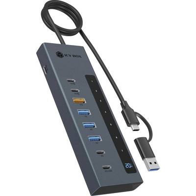 USB-C hub z več vrati in digitalnim zaslonom, prikazan z priloženimi kabli in blagovno znamko ICY BOX.