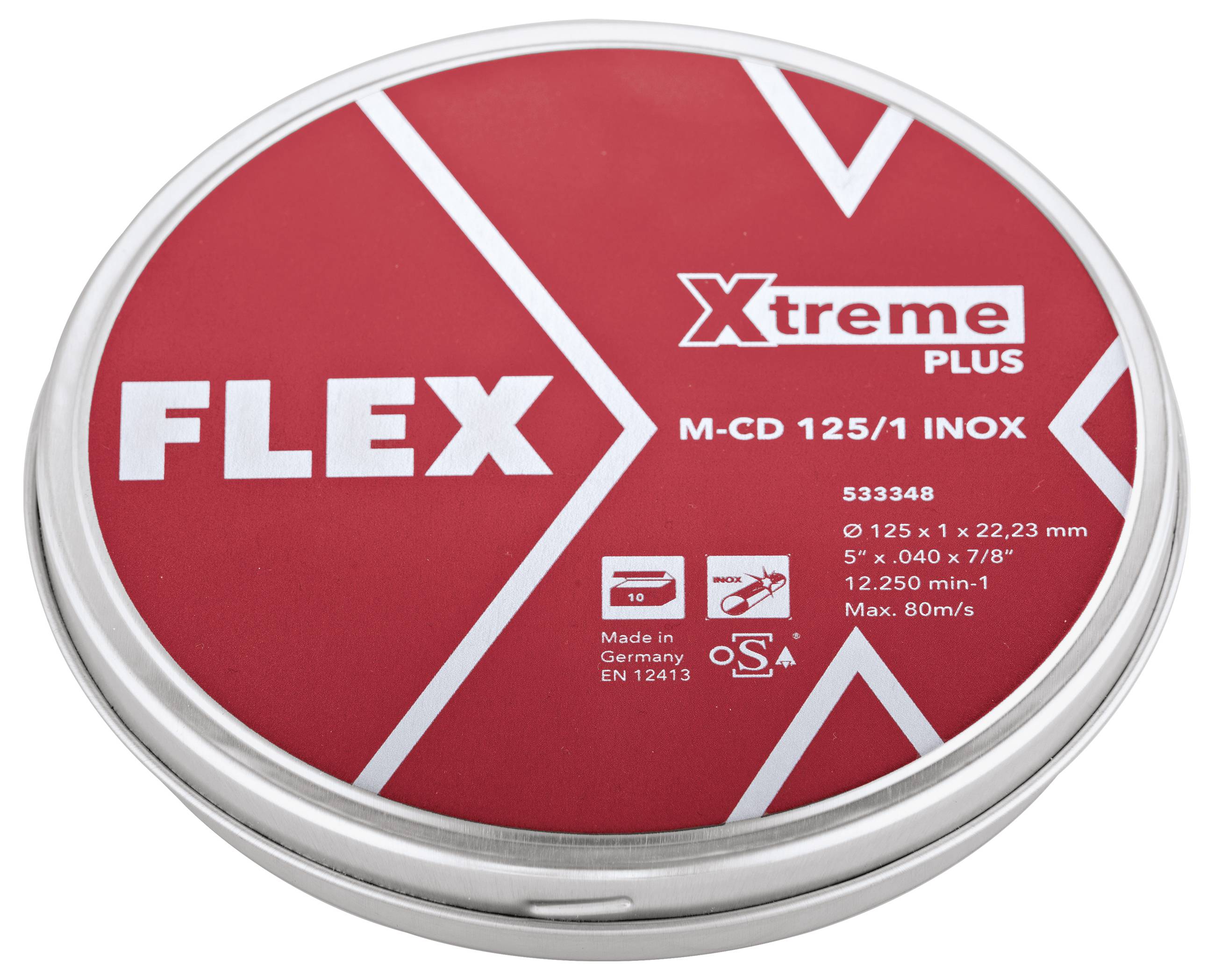 Rdeč okrogli rezalni disk v embalaži z oznako "FLEX Xtreme Plus M-CD 125/1 INOX" s specifikacijami proizvoda in belimi geometrijskimi linijami.