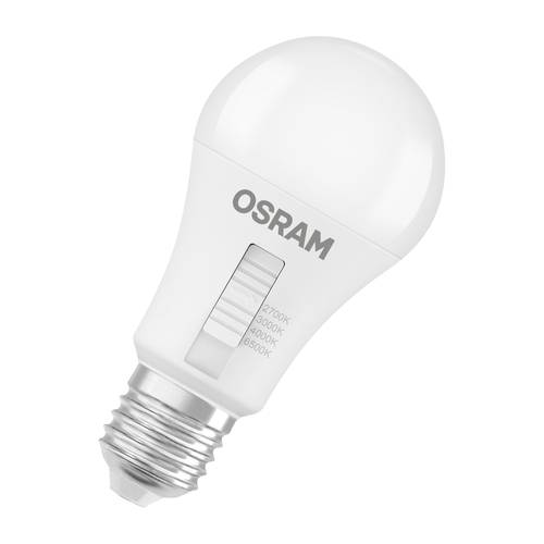 Bela LED svetilka OSRAM z nastavljivo stikalom za barvo svetlobe in vijačnim podnožjem na enostavnem ozadju.
