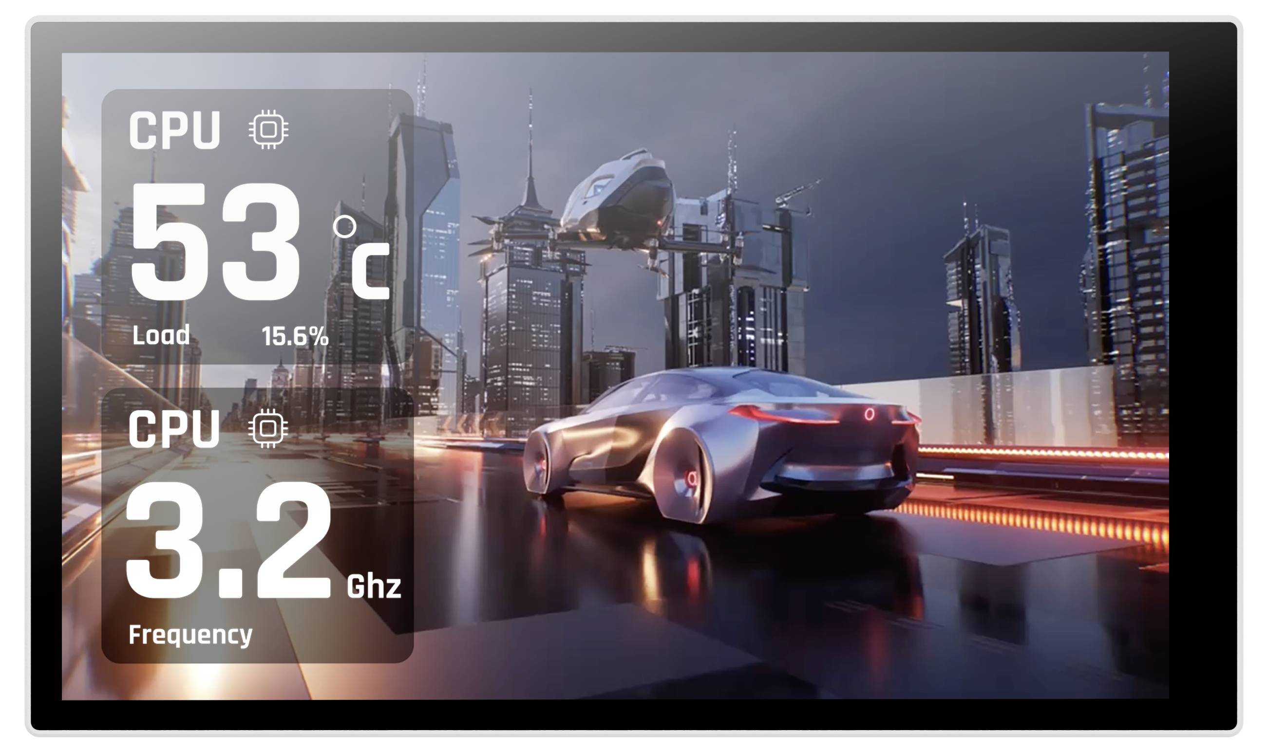 Futuristični prikaz avtomobilskega armaturne plošče z nakazajem temperature procesorja pri 53°C, obremenitvijo 15,6 % in frekvenco pri 3,2 GHz na ozadju scene iz znanstvene fantastike z futurističnim mestom.