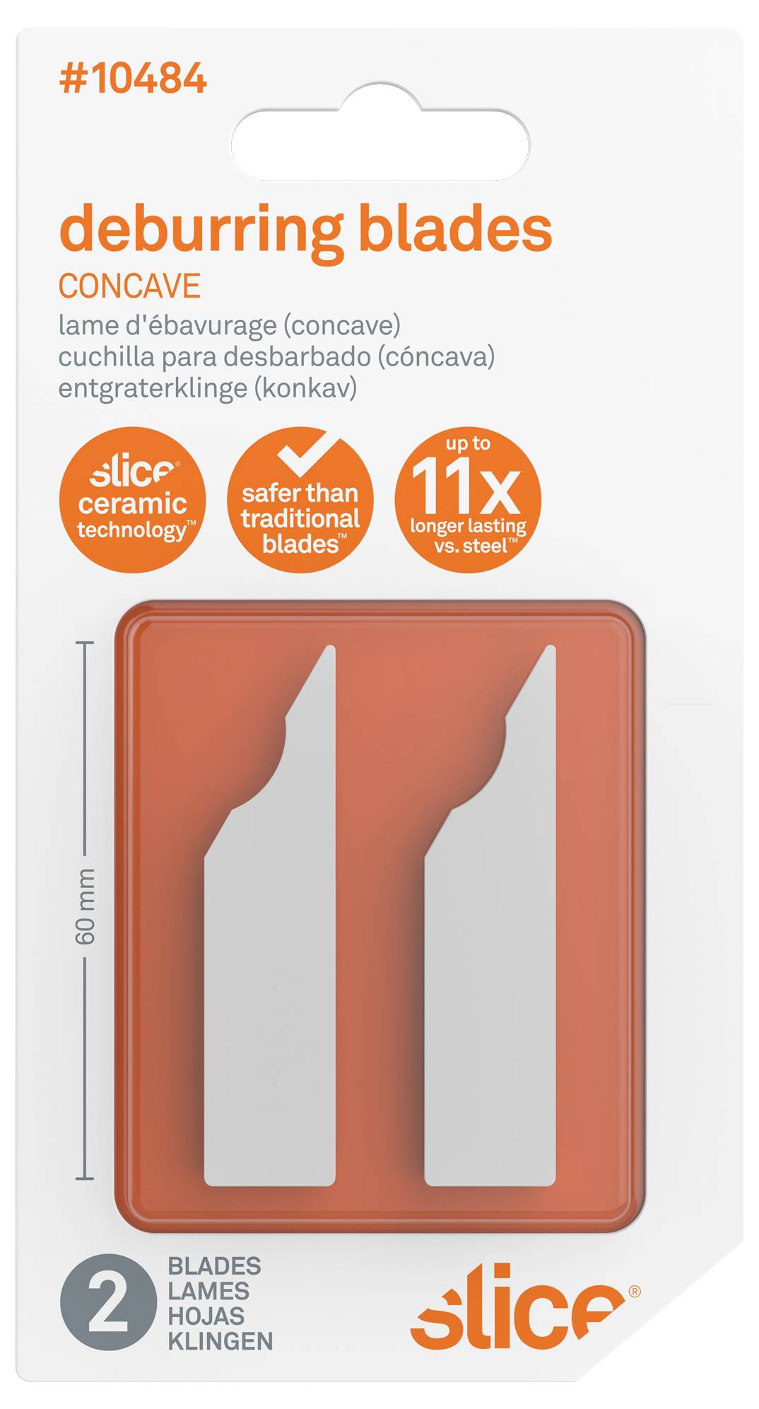Naljepka za pakiranje 'deburring blades' (rezila za odpravljanje prebojev) podjetja Slice, konkavni model #10484, prikazuje dve rezili in glavne trditve: keramika, varnejša od tradicionalnih rezil, traja 11-krat dlje kot jeklo.