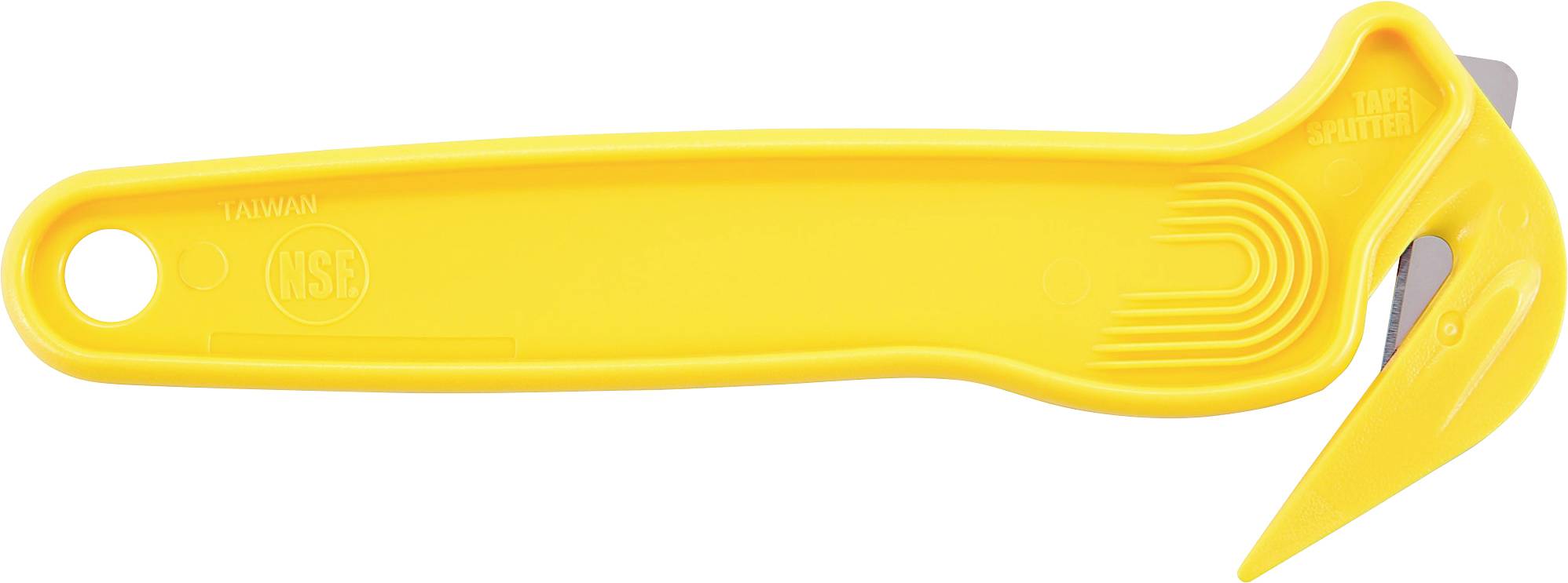 Rumeni plastični utility nož z ukrivljenim ročajem in kljukastim rezilom, prikazan na beli podlagi.