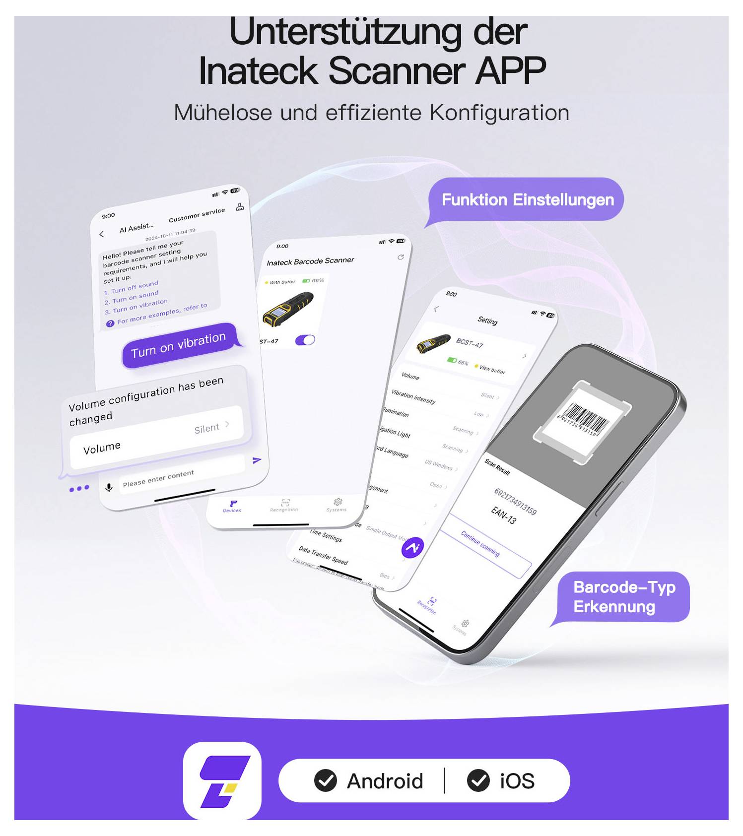 Promocijski grafični prikaz za aplikacijo Inateck Scanner, ki prikazuje zaslone pametnega telefona za nastavitve, prepoznavanje vrste črtne kode in podporo za Android/iOS.