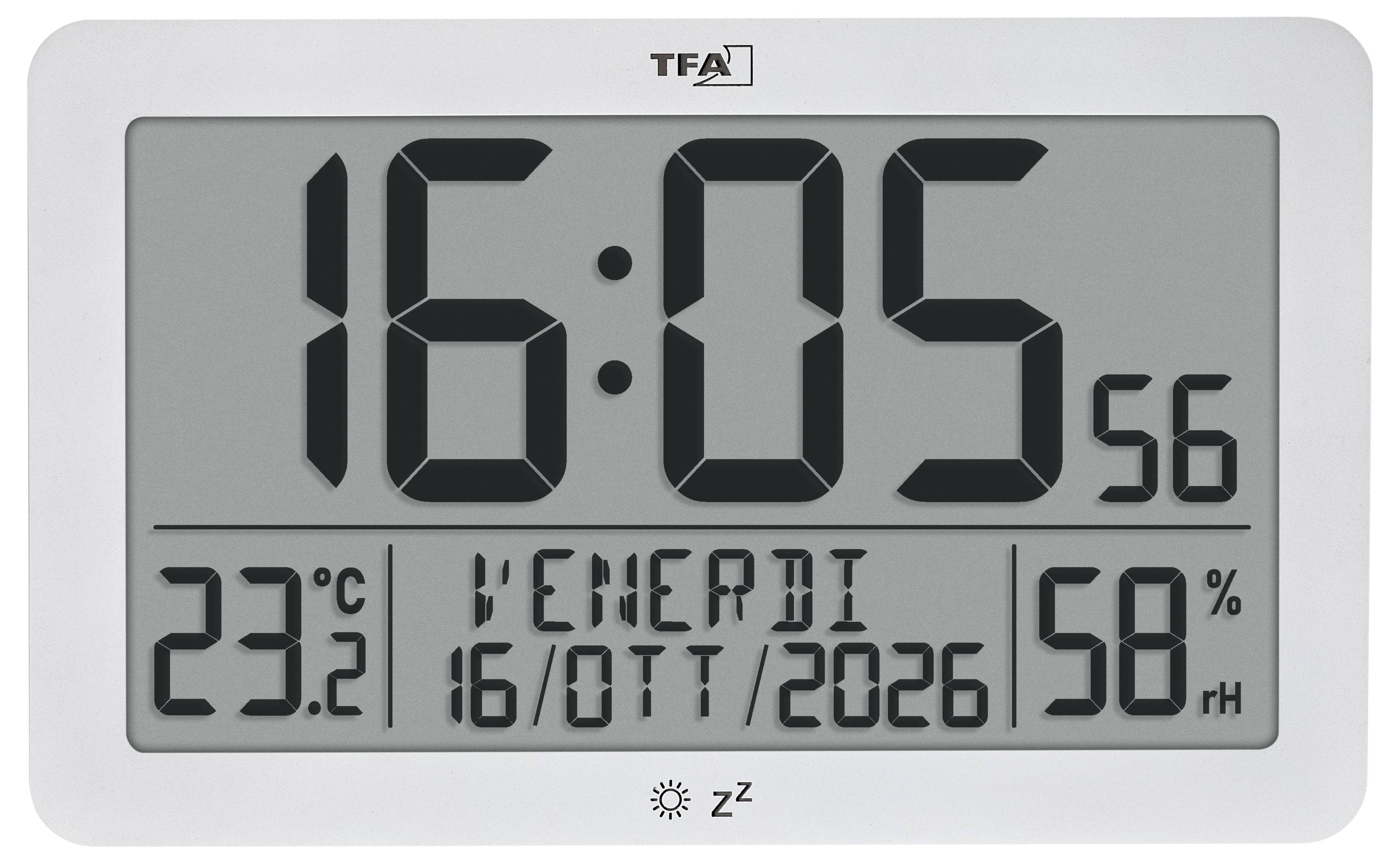 Digitalni stenski termometer-higrometer, ki prikazuje 16:05, 23,2°C, 58% RH in datum '1ENERDI 16/OTT/2026'.