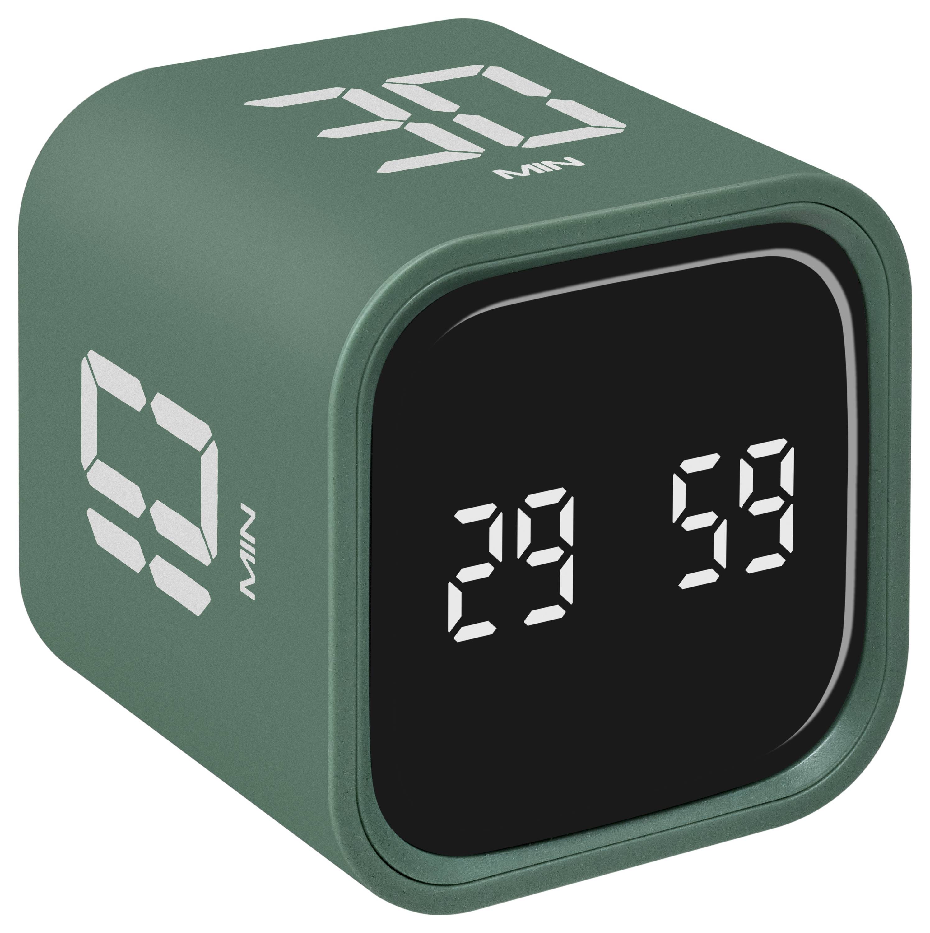 Zelena kockasta digitalna ura z črnim zaslonom, ki prikazuje 29 in 59 v belih številkah.