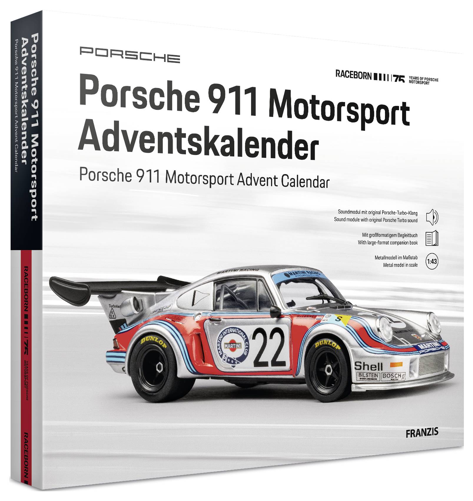 Škatla za ' Porsche 911 Motorsport Adventskalender' s pretekačem Porsche 911 s številko 22.