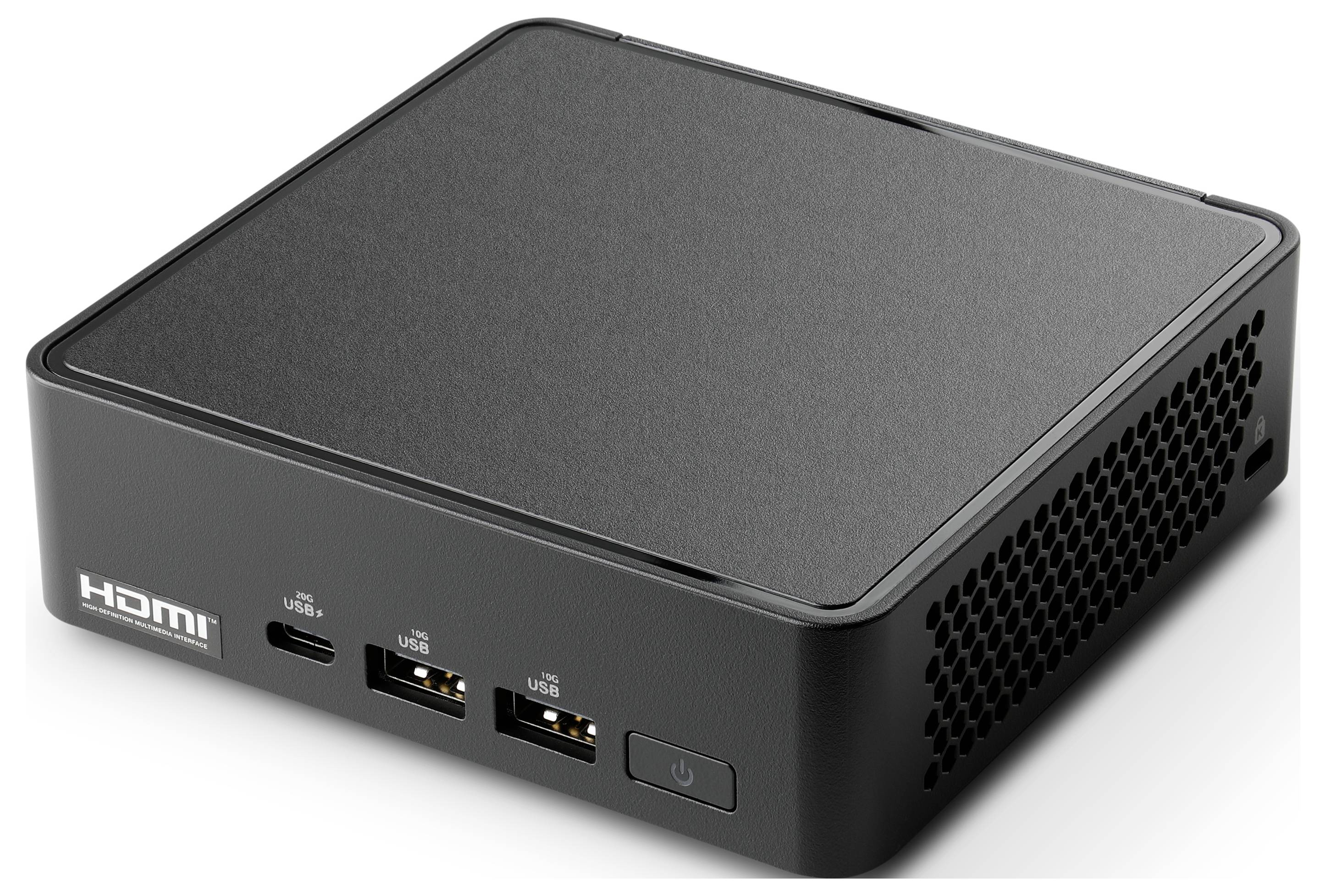Kompakten črn mini namizni računalnik z HDMI vhodom, tremi USB vrati, gumbom za napajanje in prezračevanim stranskim panelom na belem ozadju