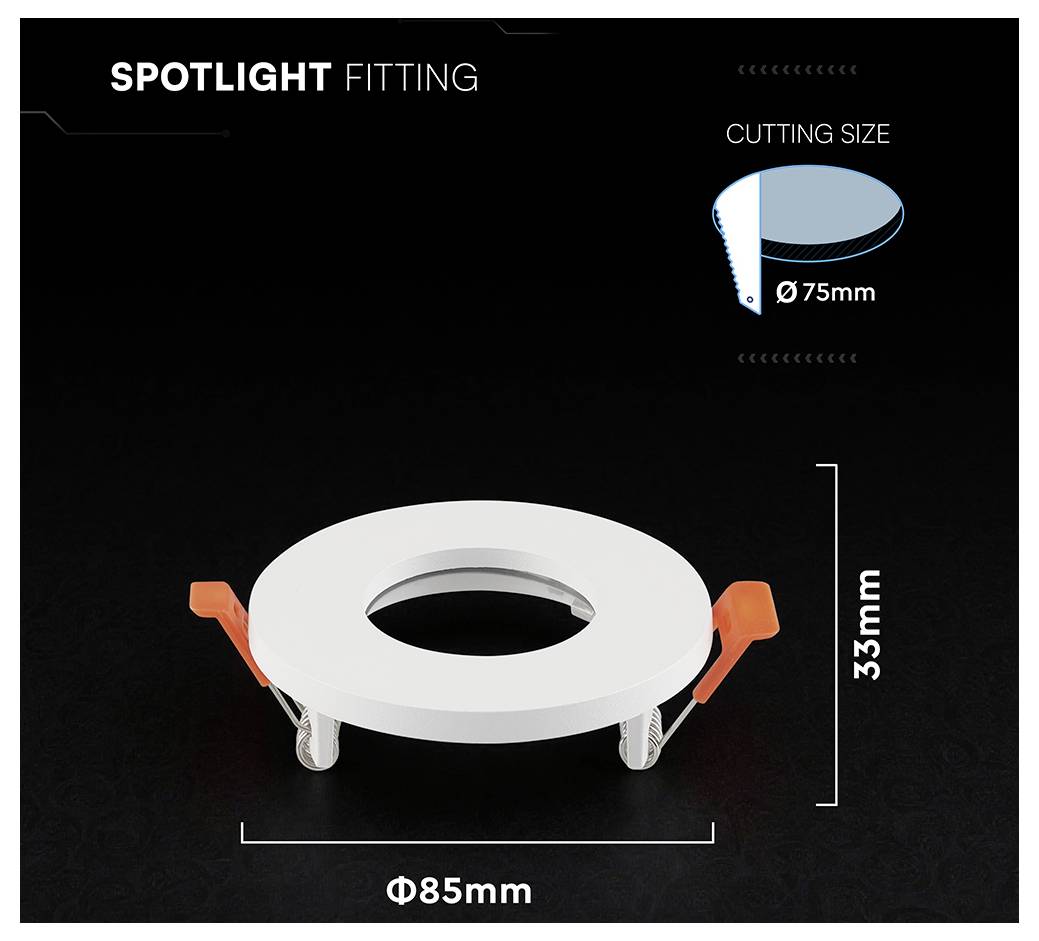 Diagram nastavljive svetilke, ki prikazuje okroglo belo vgrajeno svetilko s spomladanskimi sponkami; velikost izreza Ø75 mm, skupni premer Ø85 mm, višina 33 mm.