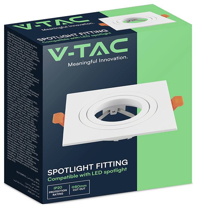 Produkt embalaža za svetilko V-TAC, s prikazom belega krožnega LED vstavnega trima s tekstom pakiranja in zeleno-črnim oblikovalskim konceptom.