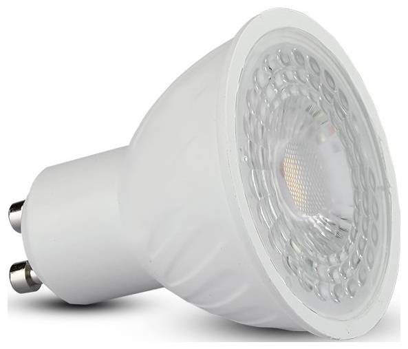 Bela LED reflektorska žarnica GU10 z dvema kontaktoma, prikazana na enostavnem ozadju.