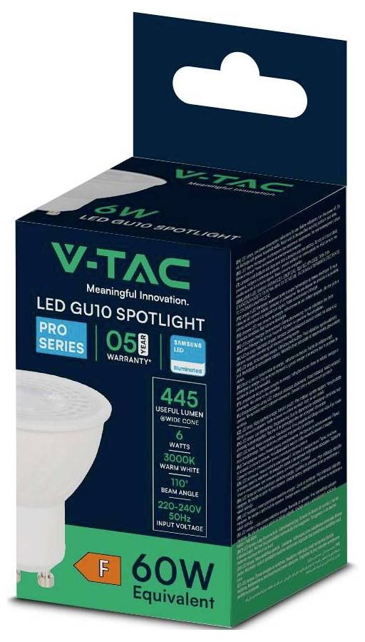 V-TAC LED GU10 spotlight žarnica, Pro Series, 6W, 445 lumnov, 3000K topla bela barva, ekvivalent 60W.