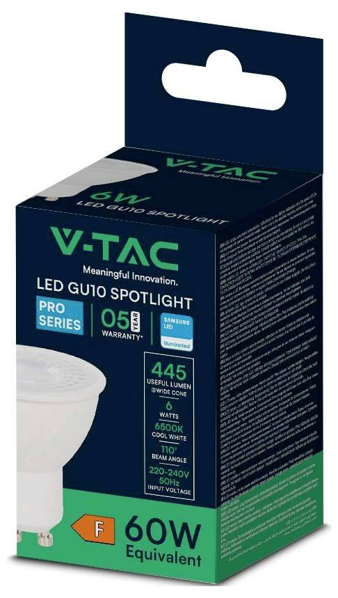 V-TAC LED GU10 spotlight žarnica, 6W, 445 lumnov, 4000K hladno bela, enakovredna 60W.