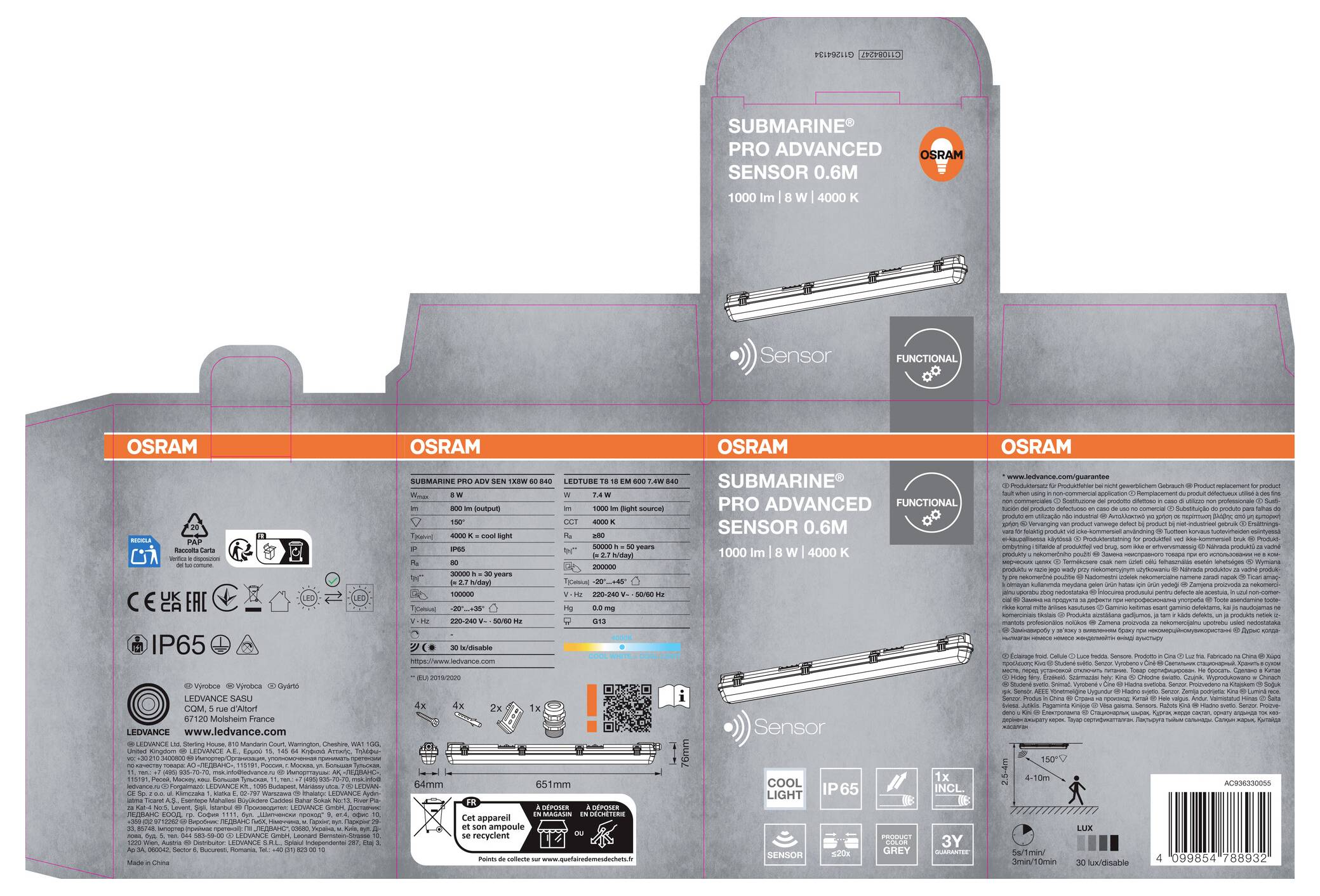 Oblikovanje embalaže za OSRAM Submarine Pro Advanced Sensor 0.6M LED armatura, ki prikazuje naziv izdelka, tehnične specifikacije, ikone in črtno kodo na sivi škatli.