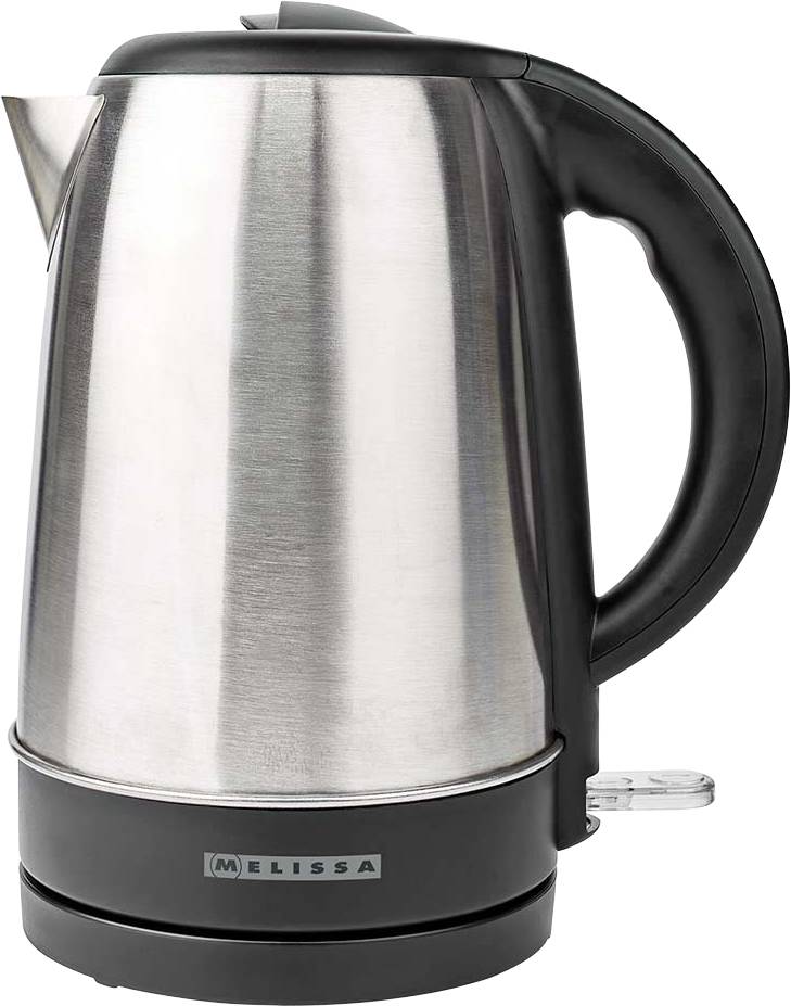 Električni čajnik iz nerjavečega jekla s črnim ročajem in podstavkom, prikazan na fotografiji produkta na belem ozadju.
