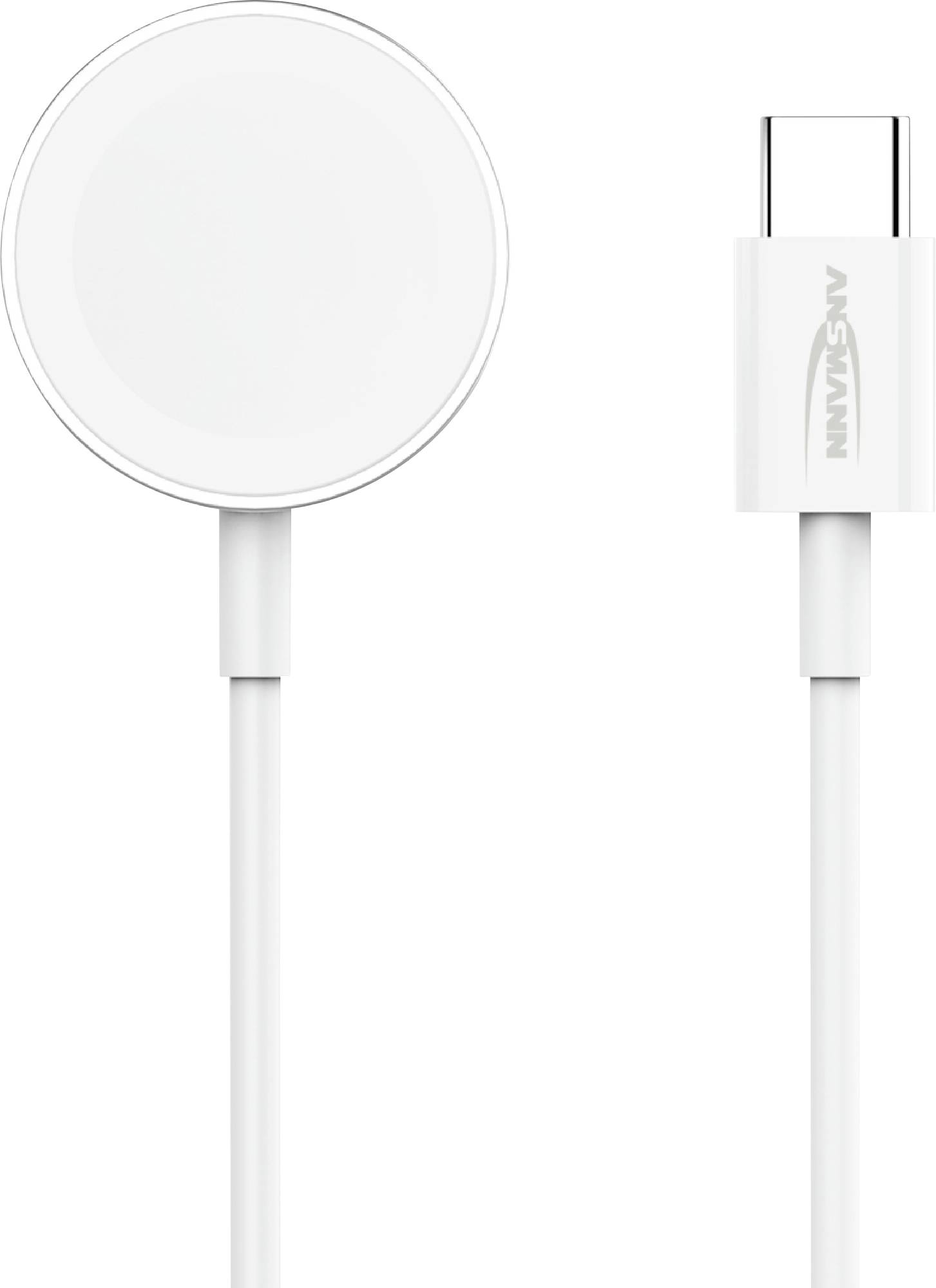 Bela magnetna brezžična polnilna ploščica z priloženim kablom, prikazana od spredaj in od zadaj, z USB-C priključkom in navpično blagovno znamko "ANKNAN".