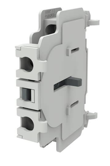 Bel električni odklopnik s stransko nameščenimi priključki prikazan v 3D pogledu v slogu izdelka na enostavni ozadju.
