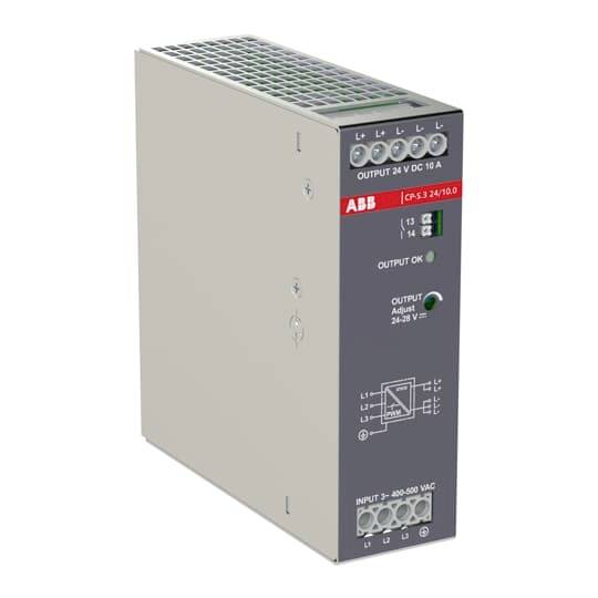 ABB 24 V DC 10 A napajalni modul z vhodnimi in izhodnimi sponkami ter indikatorji stanja.