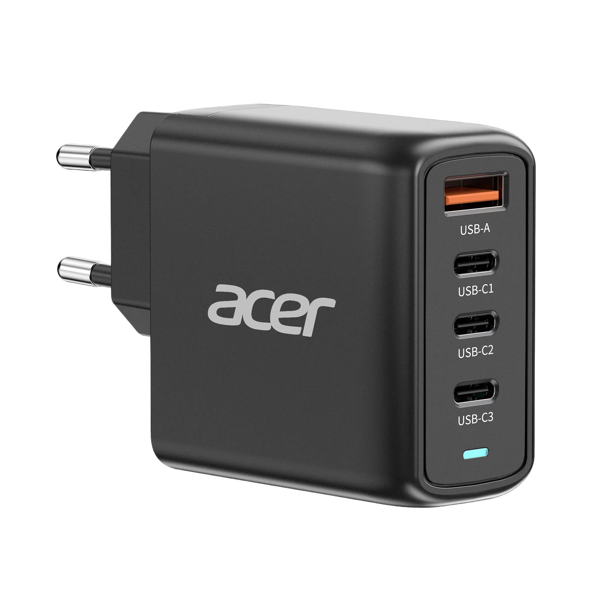 Črna polnilnica Acer za steno z dvema priključkoma in štirimi vhodi: en USB-A in tri USB-C.
