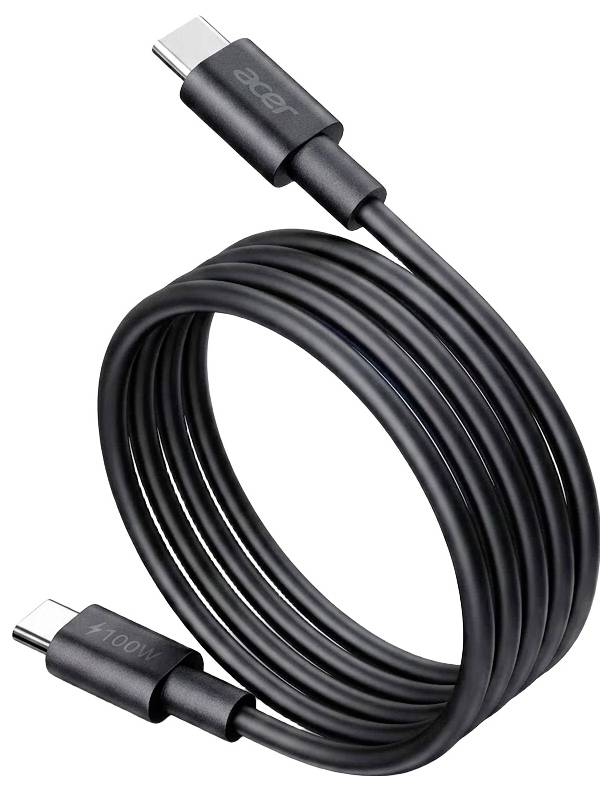 Črn kabel USB-C za polnjenje, navit v tuljavo na belem ozadju, s priključki USB-C na obeh koncih.