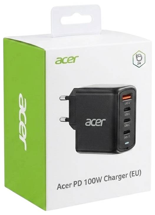 Paket polnilnika Acer PD 100W EU, na katerem je prikazan črn stenski polnilnik z več vrati USB in blagovno znamko Acer.