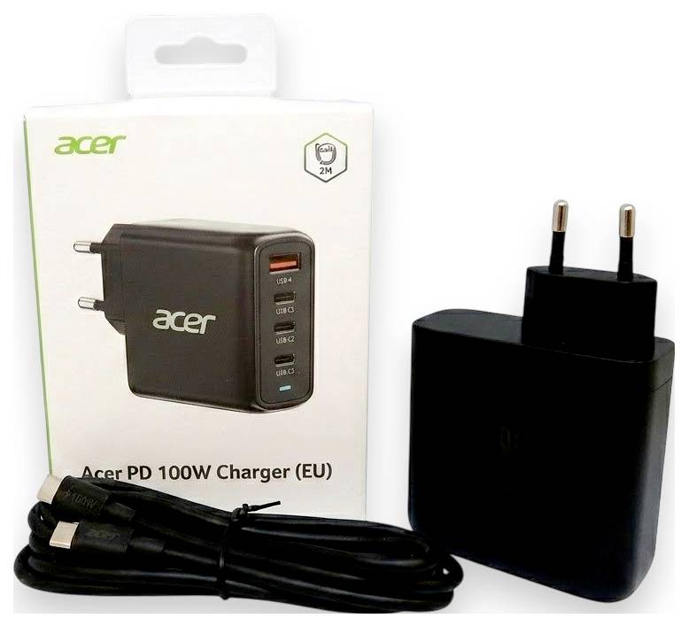 Acer PD 100W Polnilnik (EU) s črnim stenskim adapterjem, dvema zatičema in kablom USB-C, prikazan poleg škatlice proizvoda.