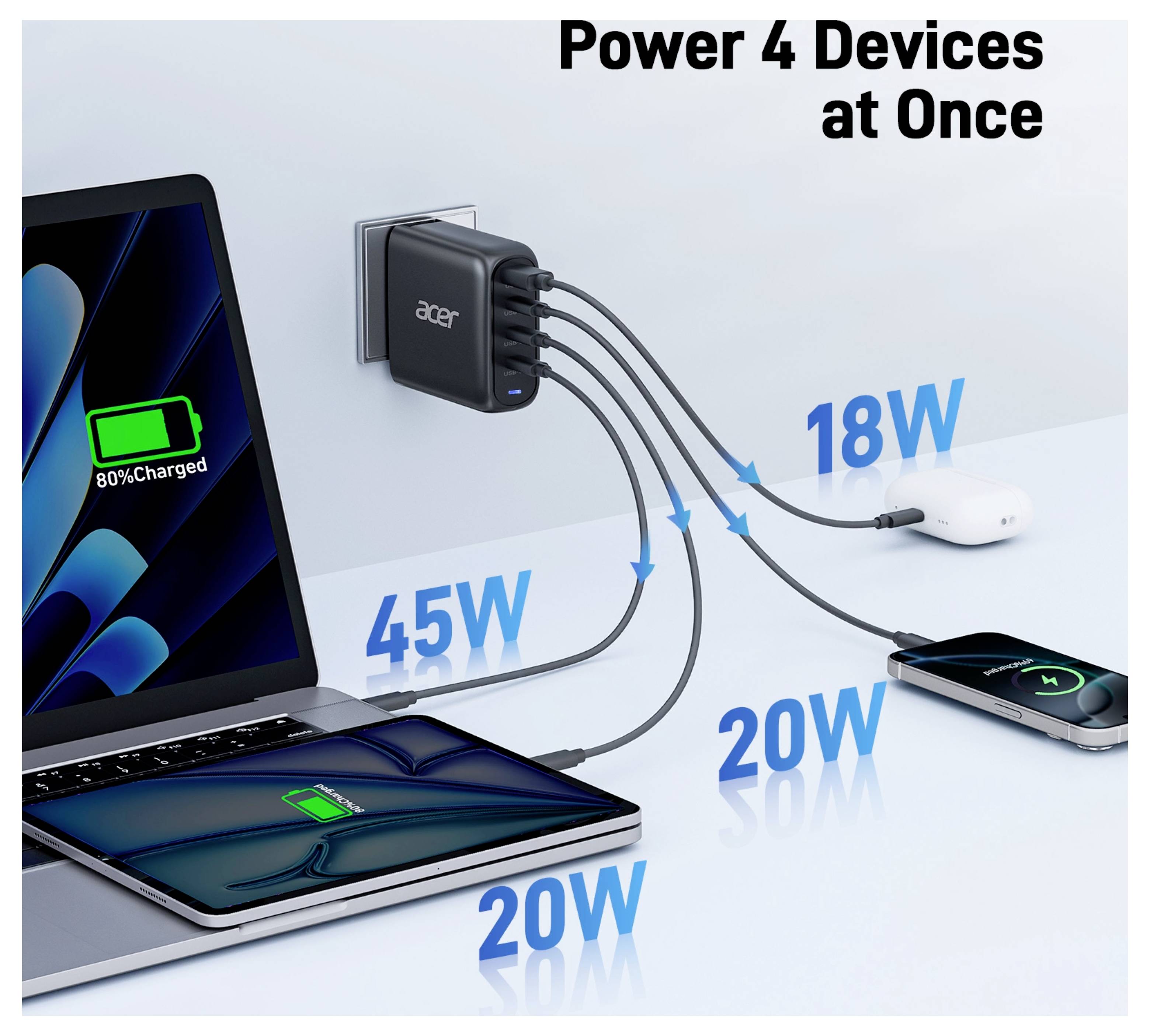 Acer USB napajalnik 100 W Power Delivery, Power Delivery 2.0, Power Delivery 3.0, QC 2.0, QC 3.0, QC 4+, Adaptive Fast C-16