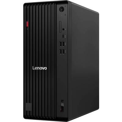 Črna Lenovo ThinkCentre namizna tornja prikazana spredaj-levo, z rebrastim sprednjim panelom, gumbom za napajanje, USB vrati in ThinkCentre blagovno znamko.