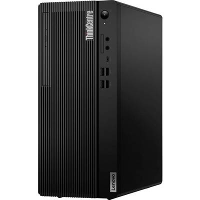 Črni namizni računalnik Lenovo ThinkCentre prikazan v pogledu od spredaj desno.