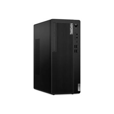 Črn namizni računalnik Lenovo ThinkCentre v obliki stolpa, prikazan s sprednje in stranske strani na belem ozadju.