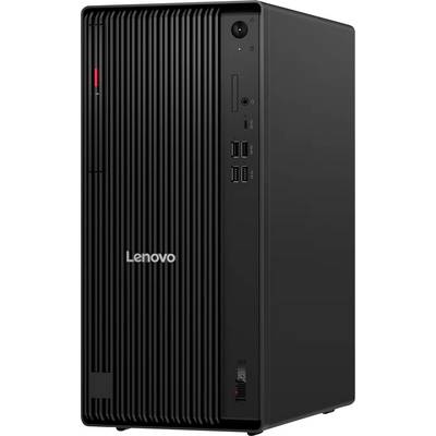 Črni Lenovo namizni stolpčni PC z rebrastim sprednjim panelom in spredaj obrnjeni vrati, prikazan v pogledu pod kotom.