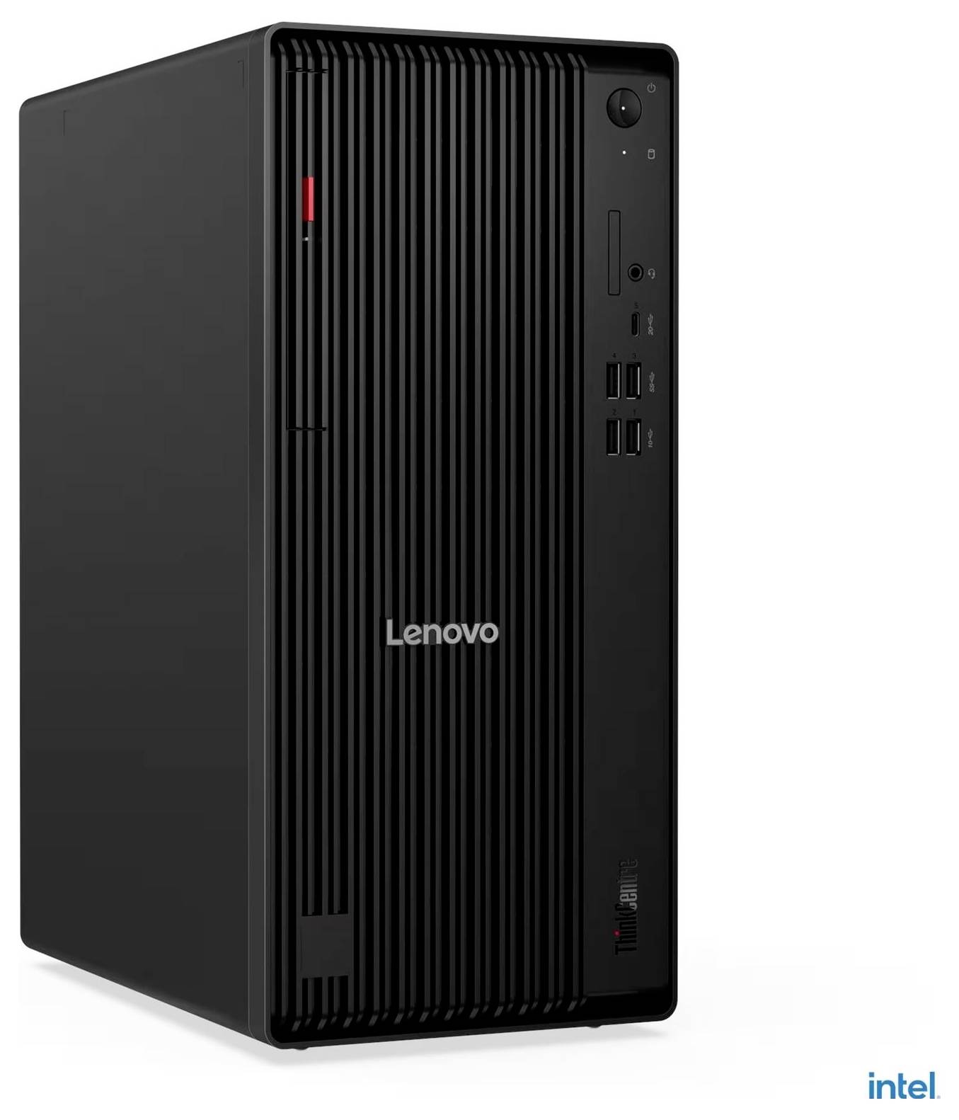 Črna namizna računalniška enota Lenovo ThinkCentre na belem ozadju s sprednjim gumbom za vklop, priključki in logotipom Intel