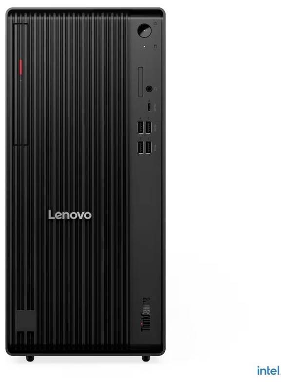 Pogled od spredaj Lenovo namizne stolpne enote s črno rebrasto ohišjem, prikazuje logotip, gumb za vklop in izklapljanje, sprednje priključke in branding Intel.
