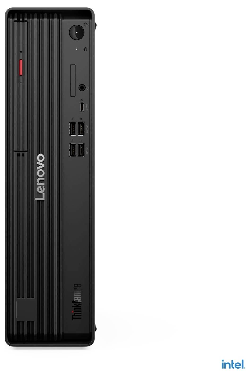Prednji pogled namiznega stolpa Lenovo ThinkCentre z blagovno znamko Intel, prikazujući priključke in reže za pogone na belem ozadju.