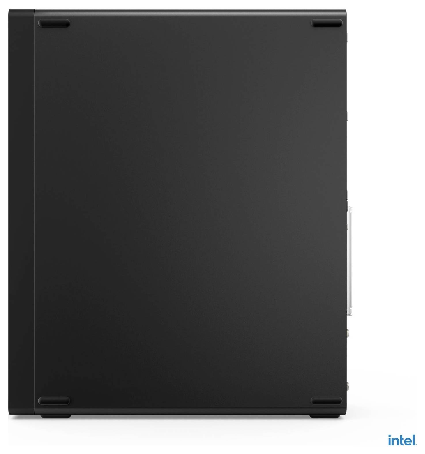 Črn miniaturni stolp ali ohišje računalnika z znamko Intel, prikazano od spredaj na beli podlagi.