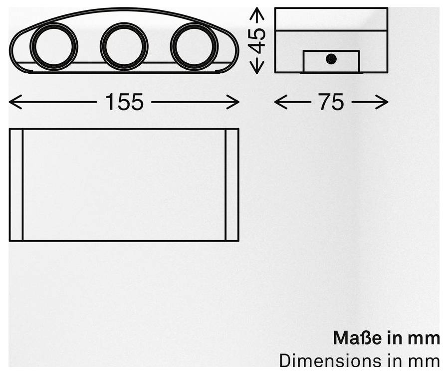 Tehnični risanji trolenjanega naprave z dimenzijami v mm: 155 mm dolga, 75 mm široka in 45 mm visoka.