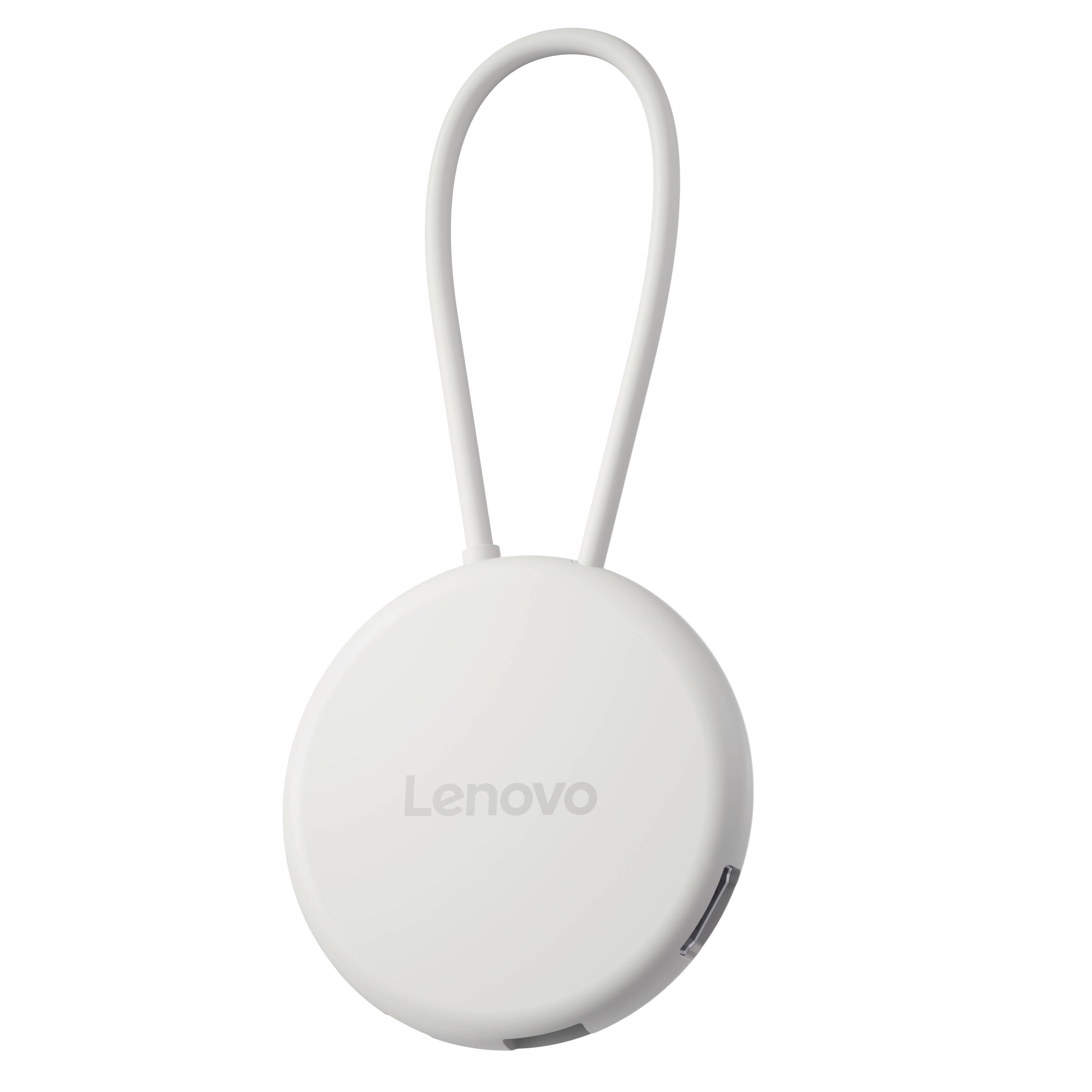 Beli Lenovo okrogli brezžični sledilnik s zanko za nošenje in majhnim stranskim gumbom.