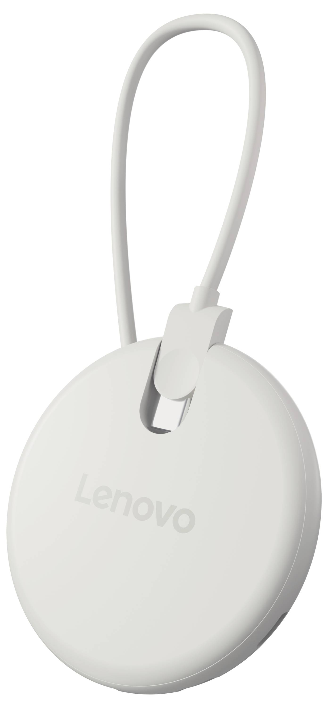 Bela Lenovo okrogla sponka/nosilec kabla z zanko za kabel, prikazana na čistem belom ozadju