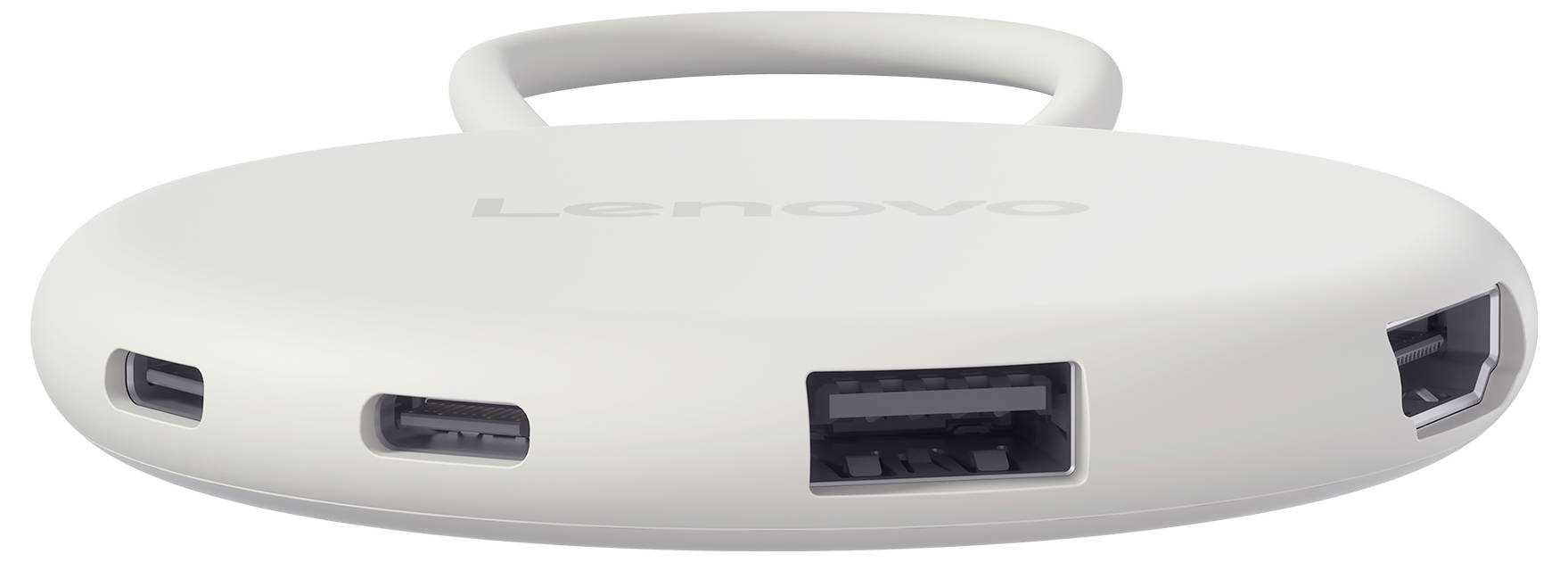 Beli Lenovo USB-C hub, fotografiran od zgoraj, z integriranim ročajem in štirimi vidnimi stranskimi vrati.