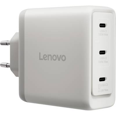 Polnilnik Lenovo za steno z dvema kolčkoma in tremi vrati USB-C, označenih z "USB-C1 100W Max", "USB-C2 100W Max" in "USB-C3 22,5W Max".