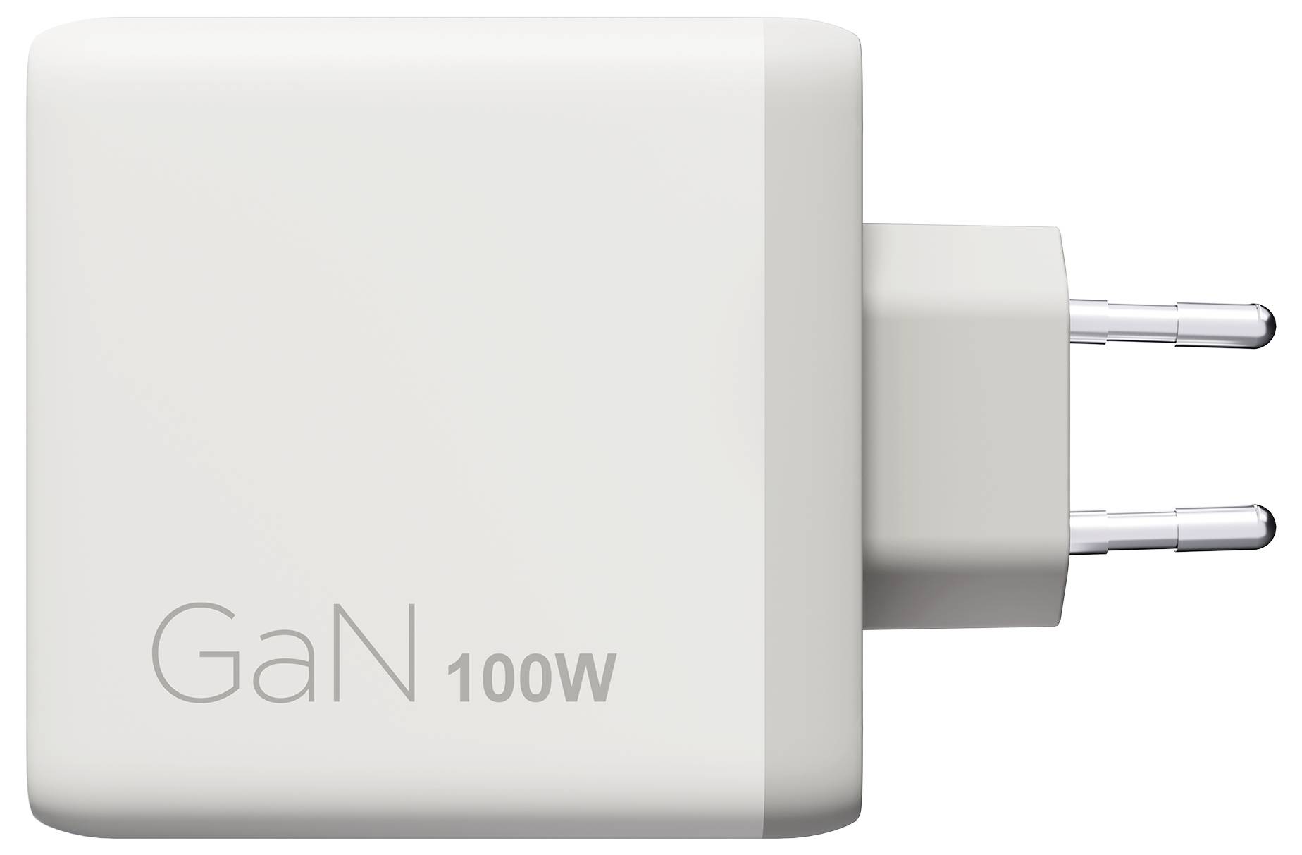Beli napajalnik GaN 100W za USB z dvema kolčkoma, prikazan v pogledu od strani.
