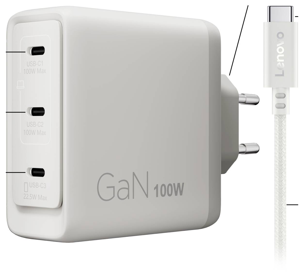 Lenovo 100W GaN stenski polnilnik s tremi vrati USB-C in priloženima kablom USB-C.