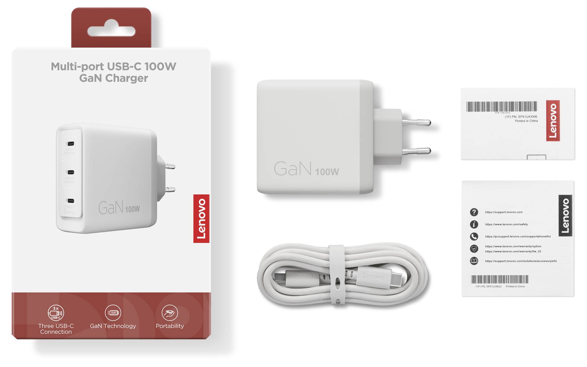 Lenovo 100W večvratni USB-C GaN polnilnik, prikazan s polnilnikom, USB-C kablom in navodili.