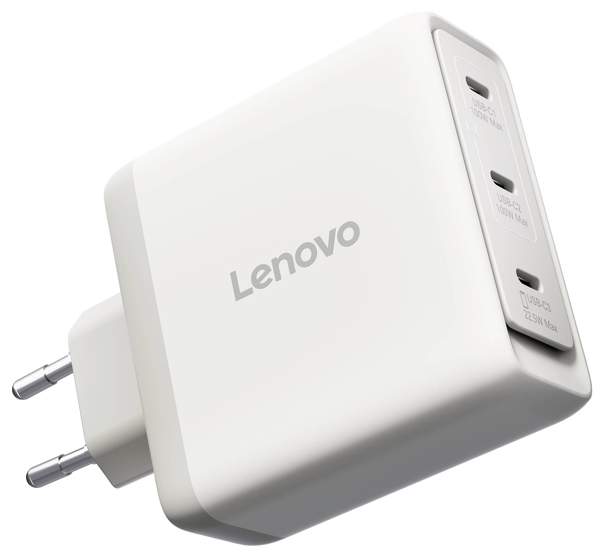 Bela Lenovo stenska polnilnica z dvema koloma in tremi USB-C vrati na strani