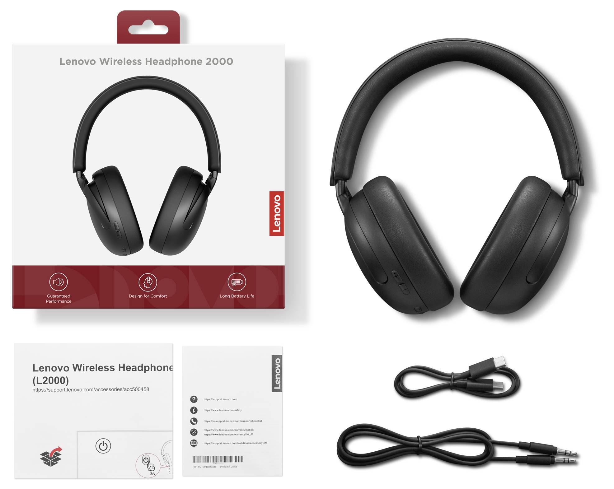Slika proizvoda Lenovo Wireless Headphone 2000, ki prikazuje črne naglavne slušalke, maloprodajno škatlo, navodila za uporabo in kabel za polnjenje.