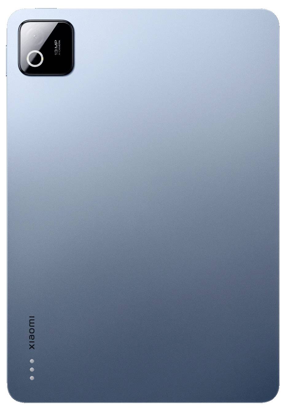 Hrbet modre Xiaomi tablice z enojno zadnjo kamero v zgornjem levem kotu in Xiaomi znamko blizu spodnjega levega kota.