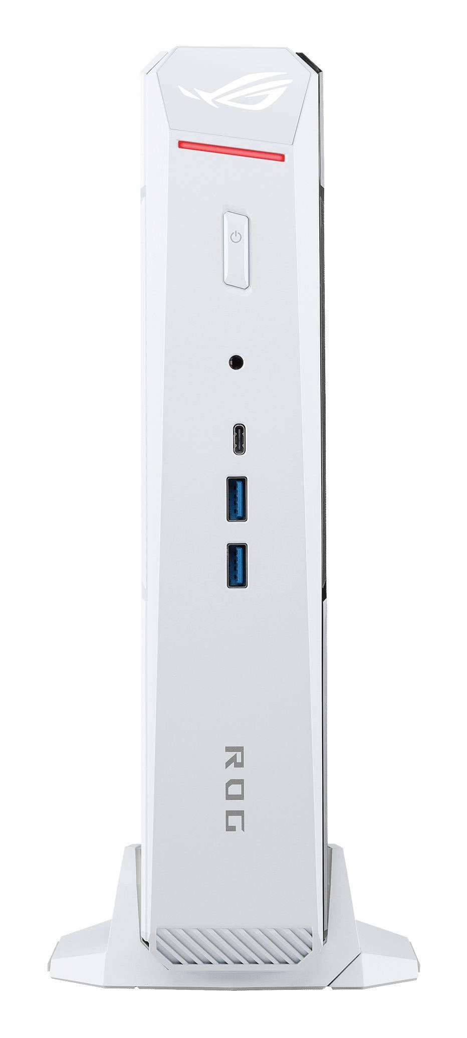 Bela ROG gaming namizna stolp prikazana v sprednji pogled, s prižganim logotipom, gumbom za napajanje in sprednjimi vrati USB.