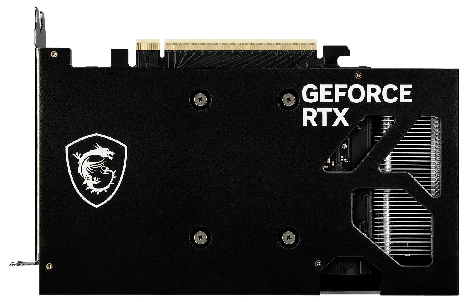 Črna MSI GeForce RTX grafična kartična s krtačo z zmajevim logotipom, vidnimi hlajnimi režami in PCIe priključkom