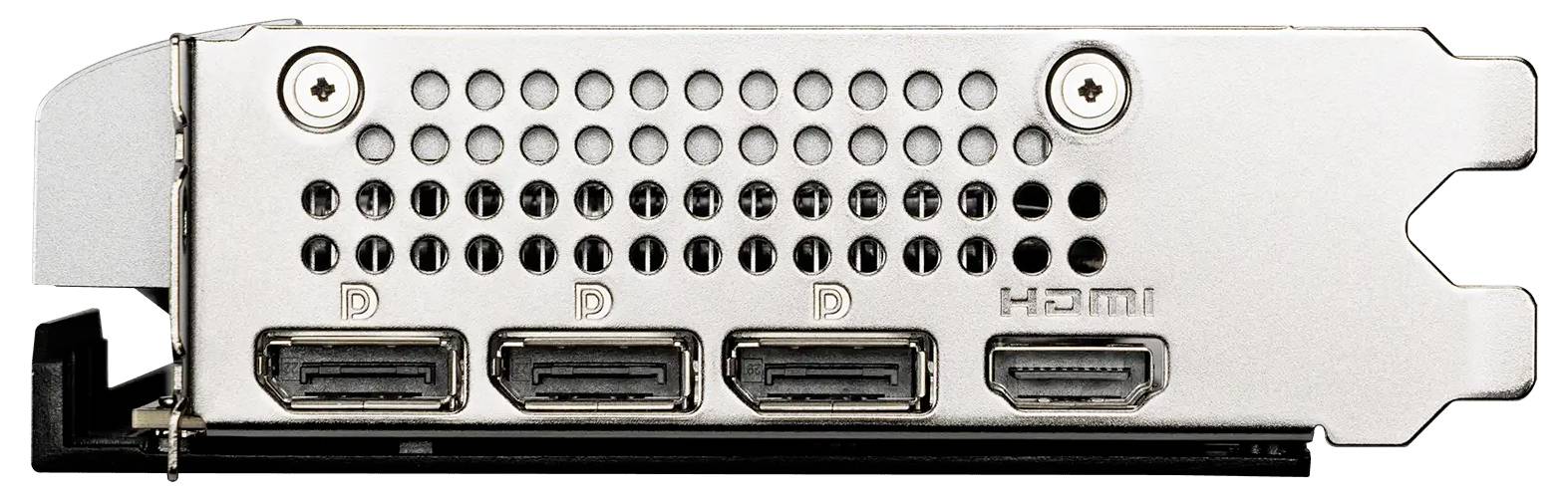 Detajlni pogled na nosač grafične kartice s štirimi video vhodi, označeni kot DVI in HDMI, za priključevanje prikazovalnikov.