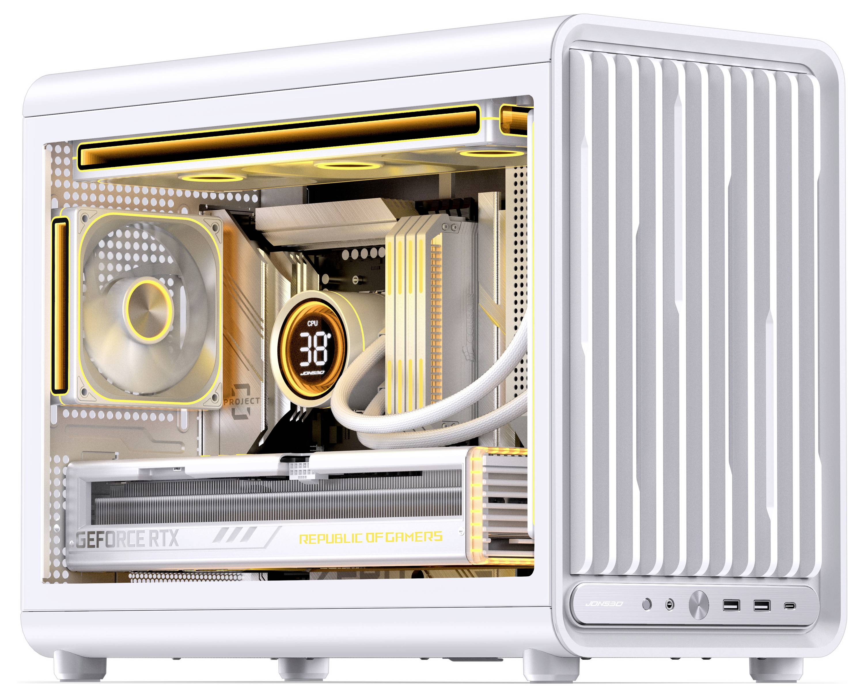 Bela namizna računalniška stolp z bočnim oknom, ki prikazuje osvetljene gaming komponente, vključno z grafično kartico GeForce RTX in tekočinskim hladilnikom.